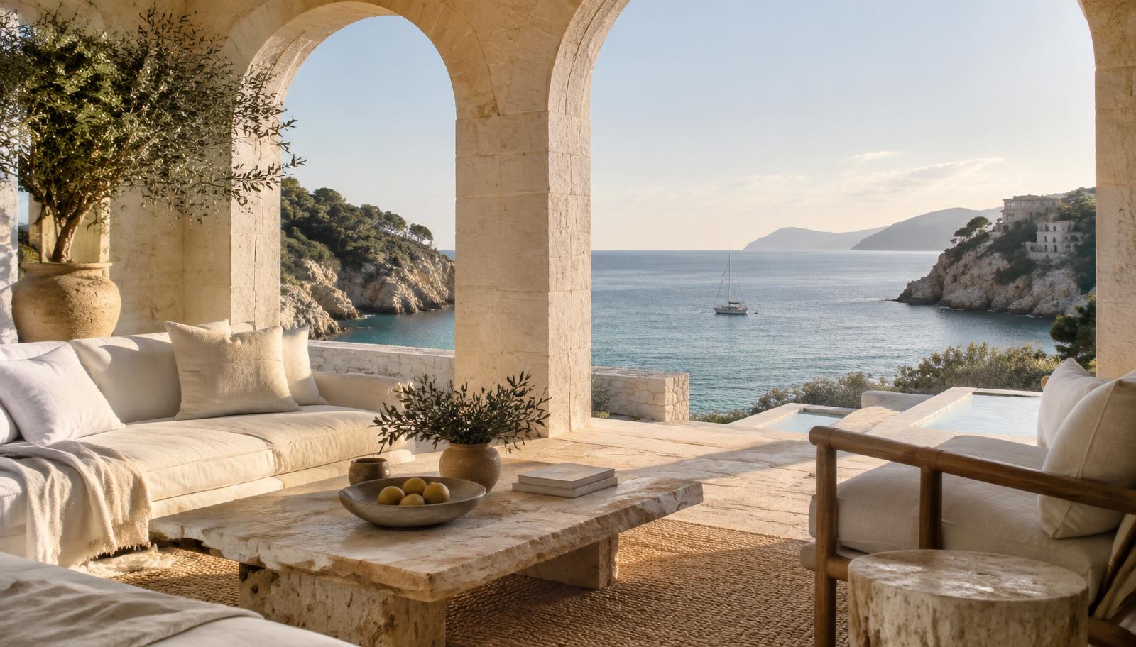 A serene coastal cove framed by pale stone arches