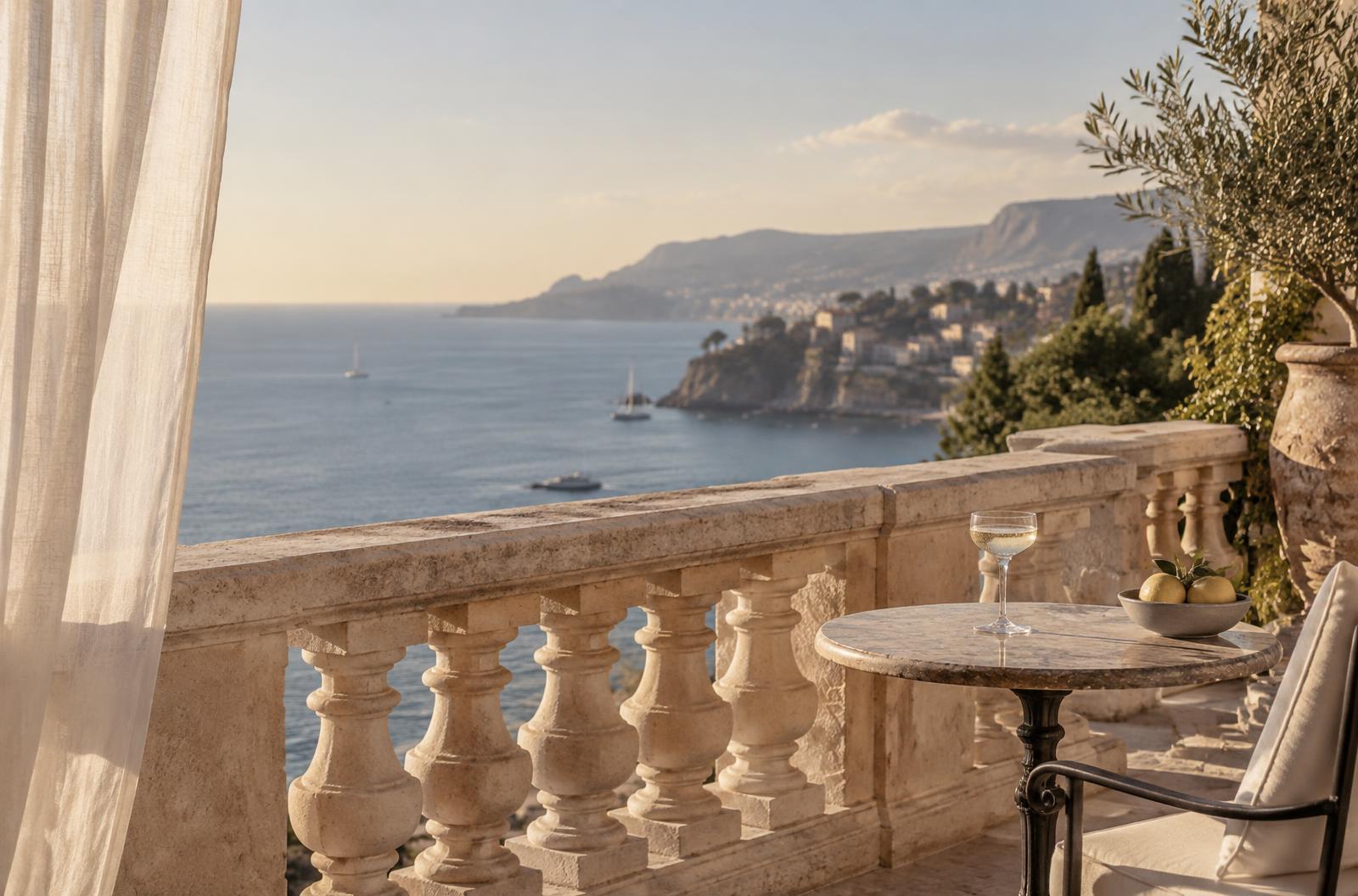 A sunlit Riviera terrace overlooking the coast